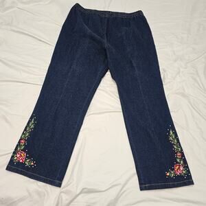 NWT Vintage Suzanne Somers Embroidered Floral Straight Leg Stretchy Jeans Size L